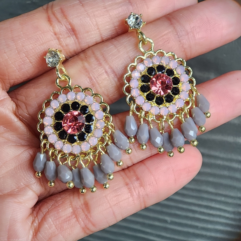 Gypsy Rhinestone Earrings Gold Boho Chic Dangle Glass Beads Bohemian Retro Y2K